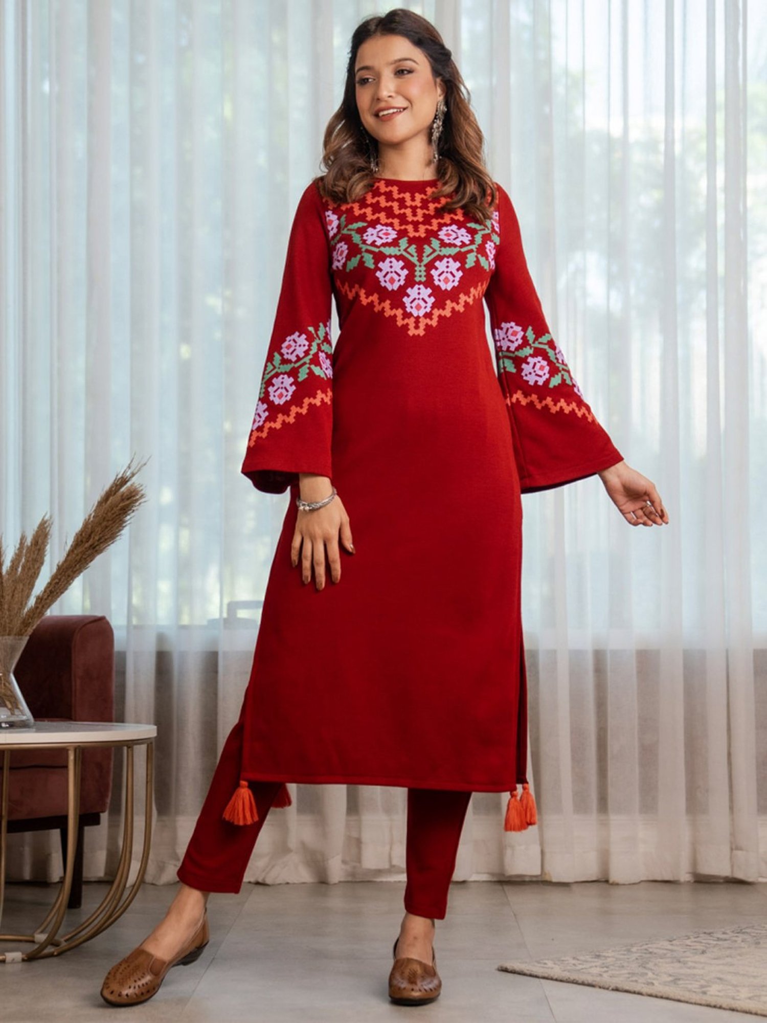 Rustorange Maroon Printed Straight Kurta