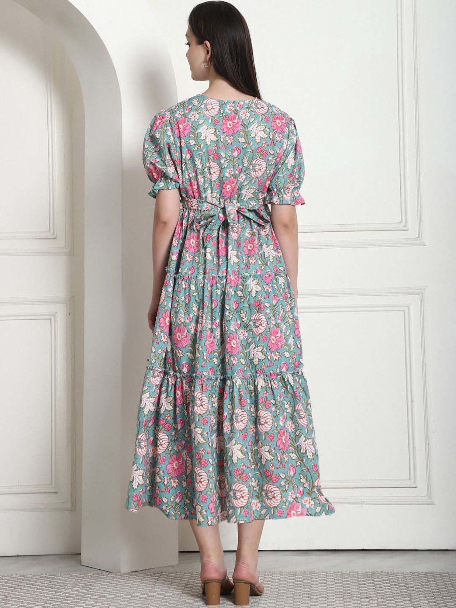 Secret Wish Green Cotton Floral Straight Dress