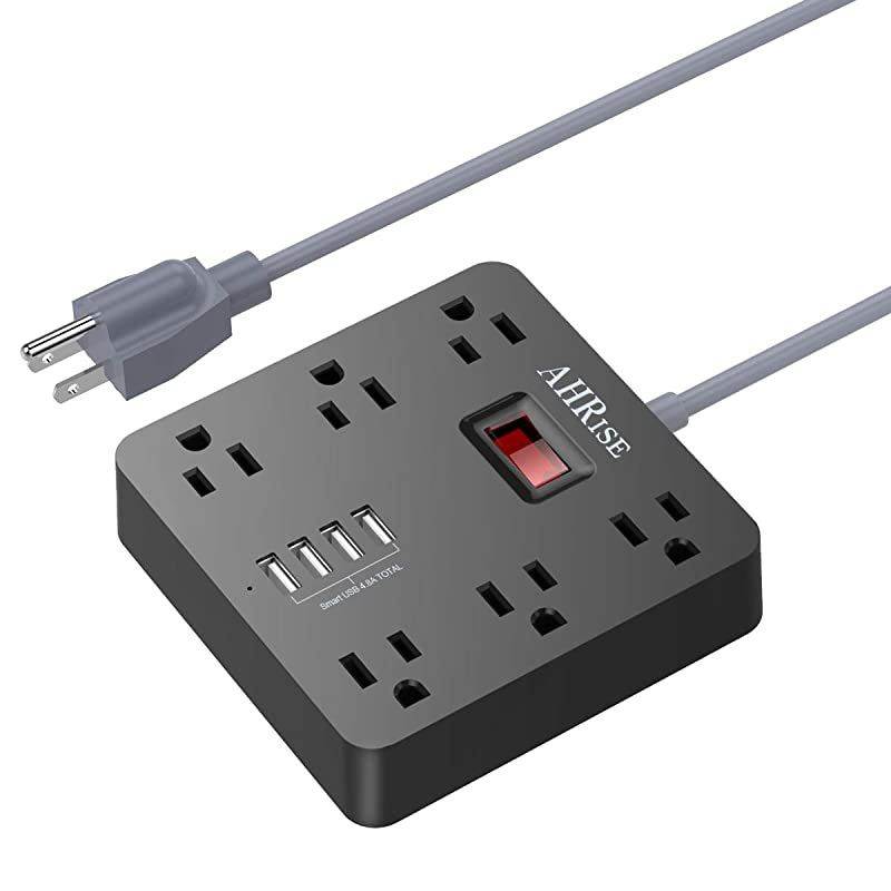 Power Strip  Extension Cord with 6 AC Outlets and 4 USB Charging Ports5V34A17W for Smartphone Tablets Home Office Hotel Cruise Ship 5 Feet Long Cord ETL Listed Black