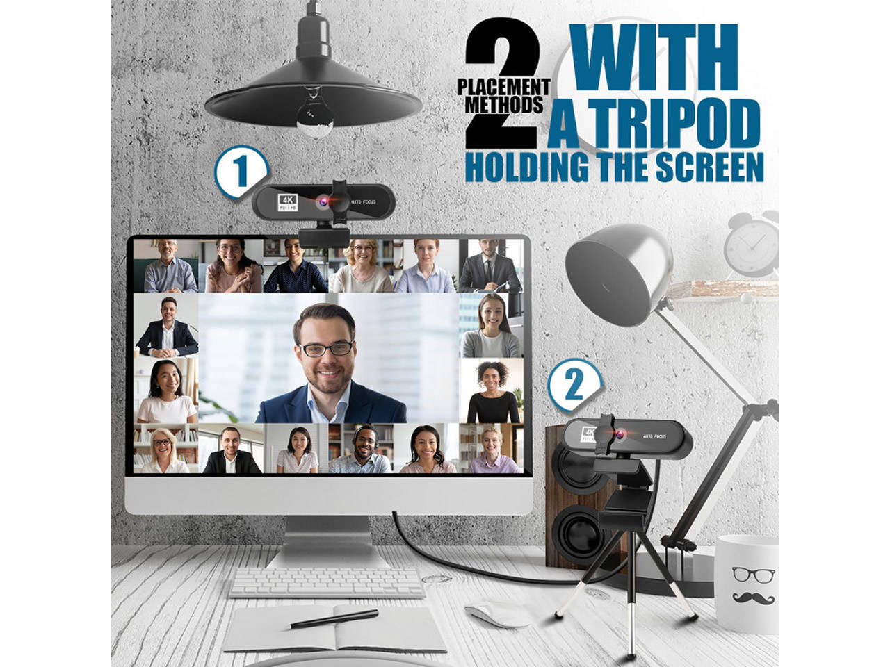 Webcam with Microphone for Desktop, 2K QHD USB Web Cam with Auto Light Correction, Desktop Computer Camera Streaming Camera for Video Conferencing, Teaching, Streaming, and Gaming