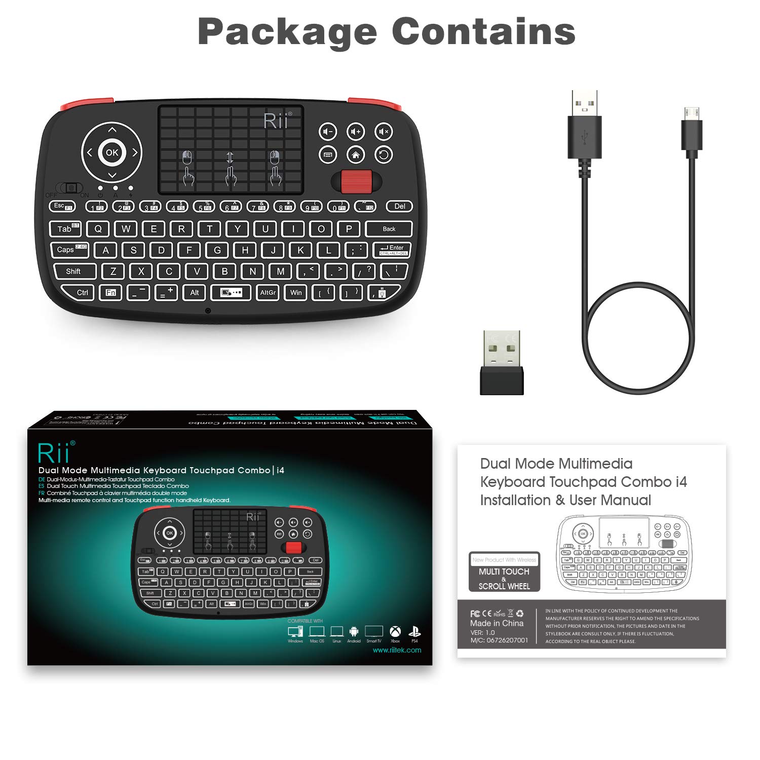 (2019 Upgrade) Rii i4 Mini Keyboard with Touchpad, Bluetooth + 2.4GHz USB Dongle for Smartphones, PC, Tablet, Laptop TV BOX