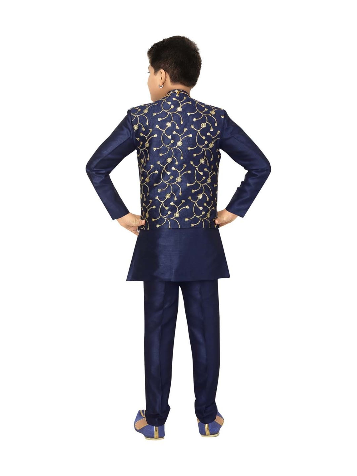 Ahhaaaa Kids Navy Cotton Embroidered Full Sleeves Kurta Set