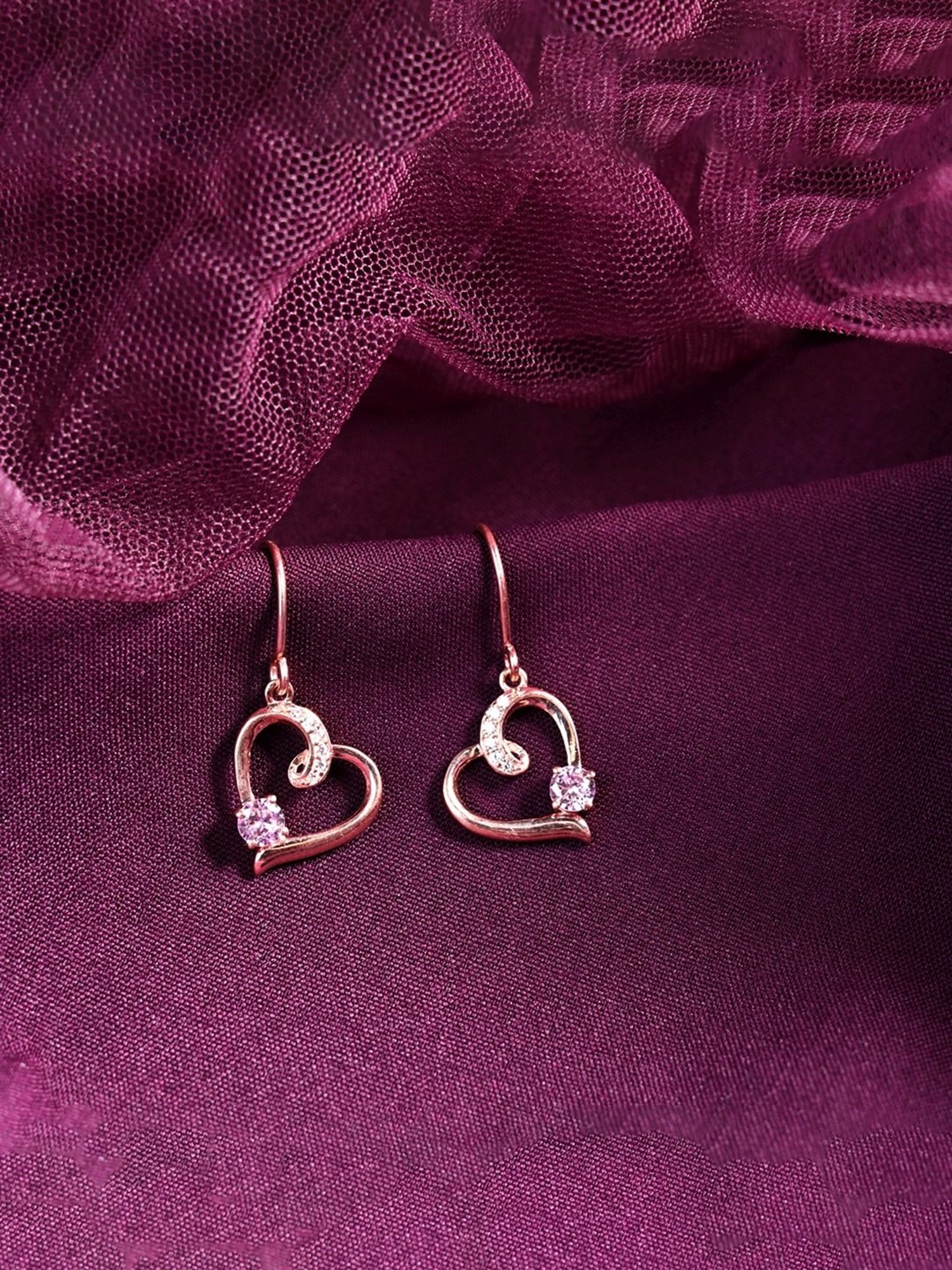 Clara 925 Silver Rose Gold-Plated Swiss Zirconia Pink Heart Dangler Earrings