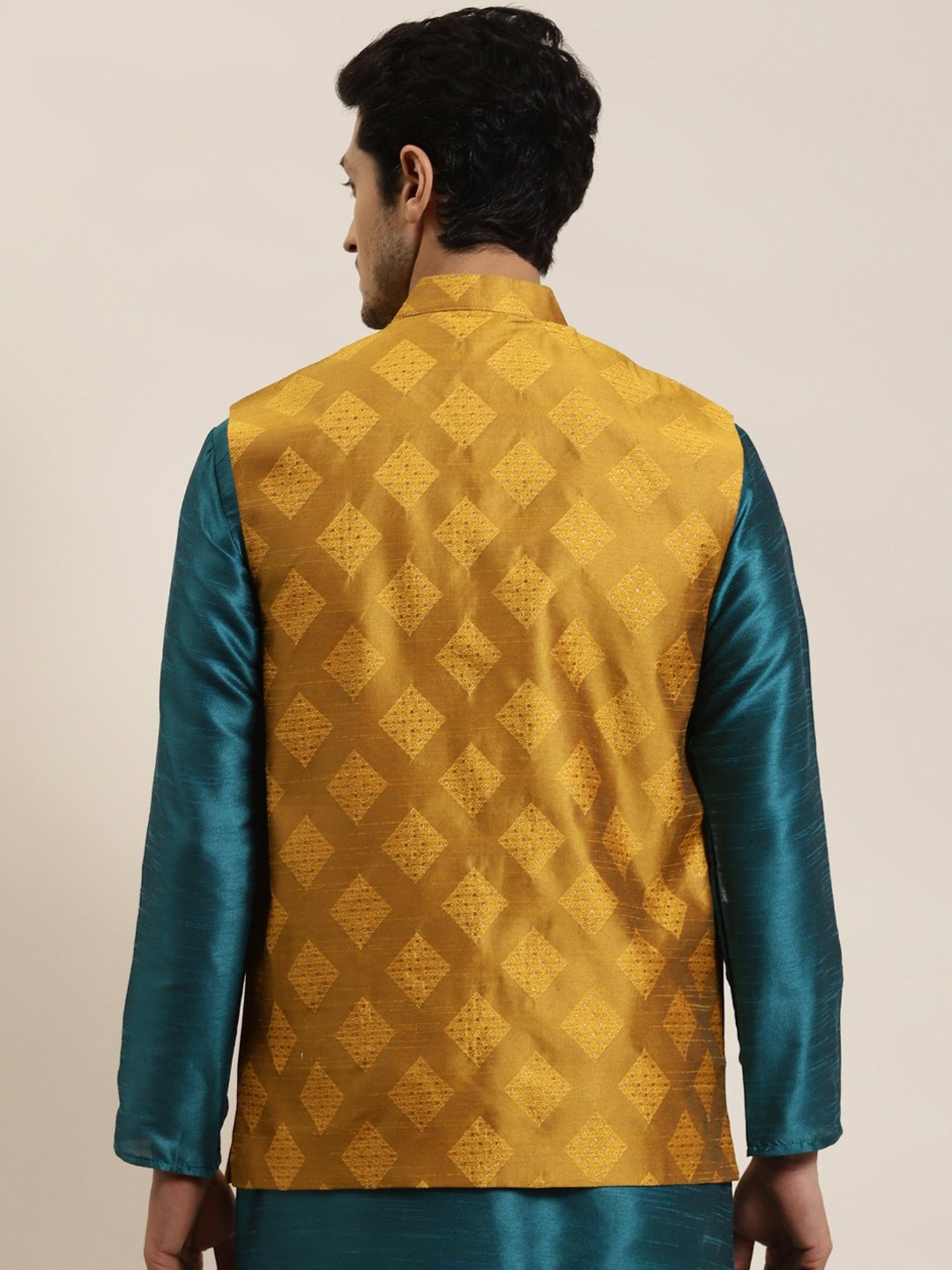 Sojanya Yellow Regular Fit Self Pattern Nehru Jacket