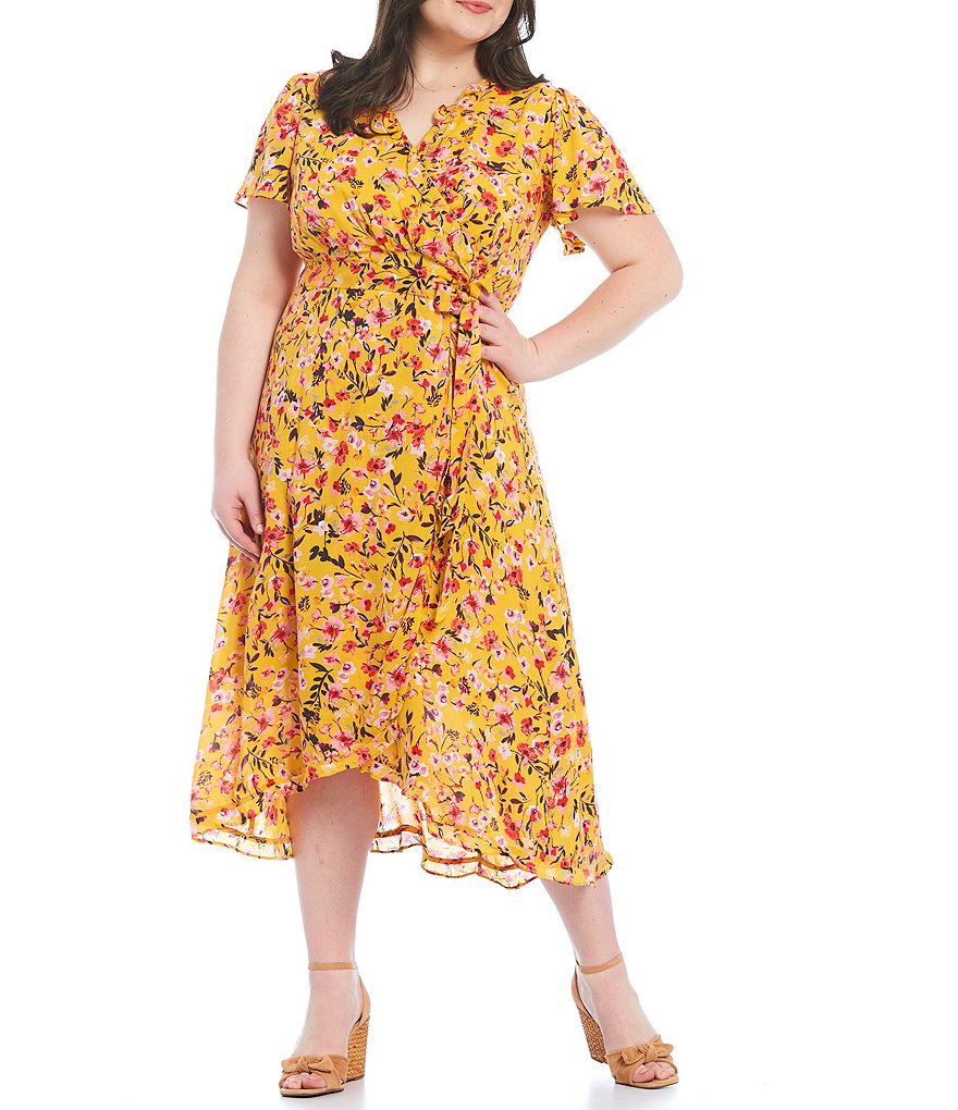 Jessica Simpson Plus Size V-Neck Short Sleeve Shay Golden Rod Acrylic Floral Ruffle Trim Hi-Low Faux Wrap Dress
