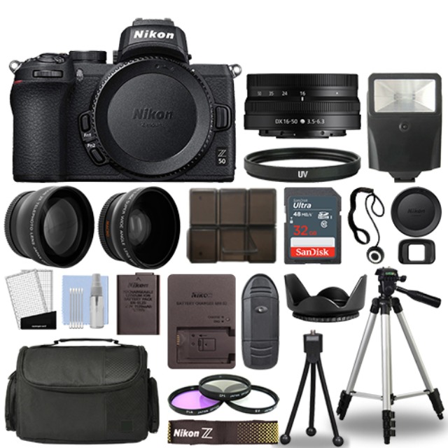 Nikon Z50 Mirrorless Camera Body + 3 Lens Kit 16-50mm Z VR + 32GB + Flash & More
