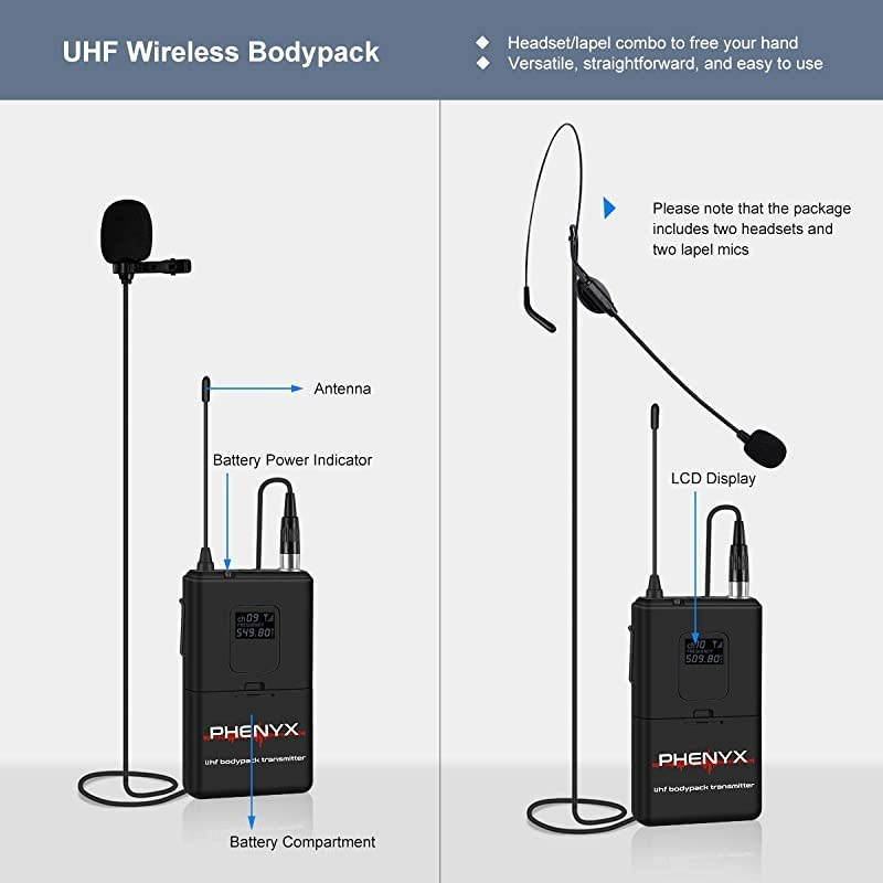 Metal Wireless Receiver  UHF Wireless Microphone System with 2 Bodypacks 2 Lapels and 2 Headsets Fixed Frequency 16 Hrs Long Battery Life Ideal for Church Outdoor Events PTU51C