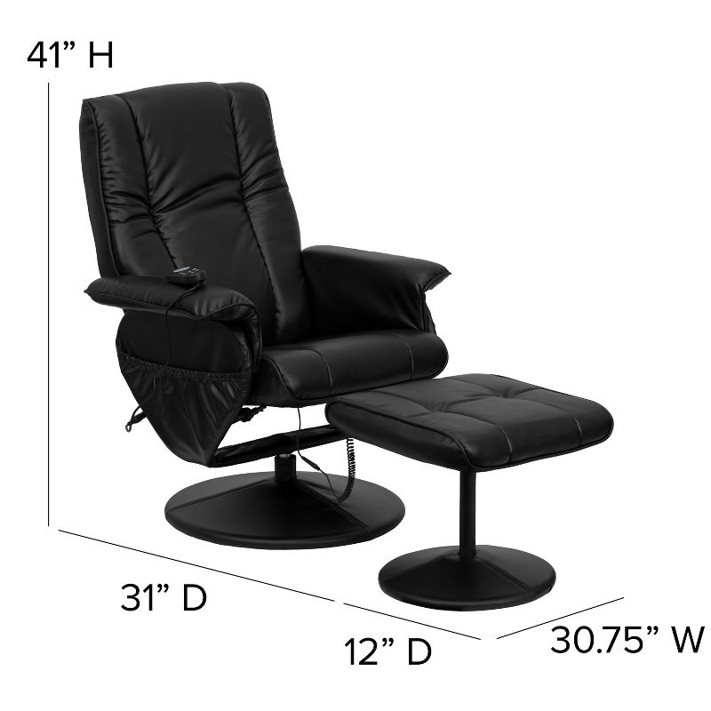 Flash Furniture Massaging Heat Controlled Adjustable Recliner and Ottoman with Wrapped Base in Black LeatherSoft
