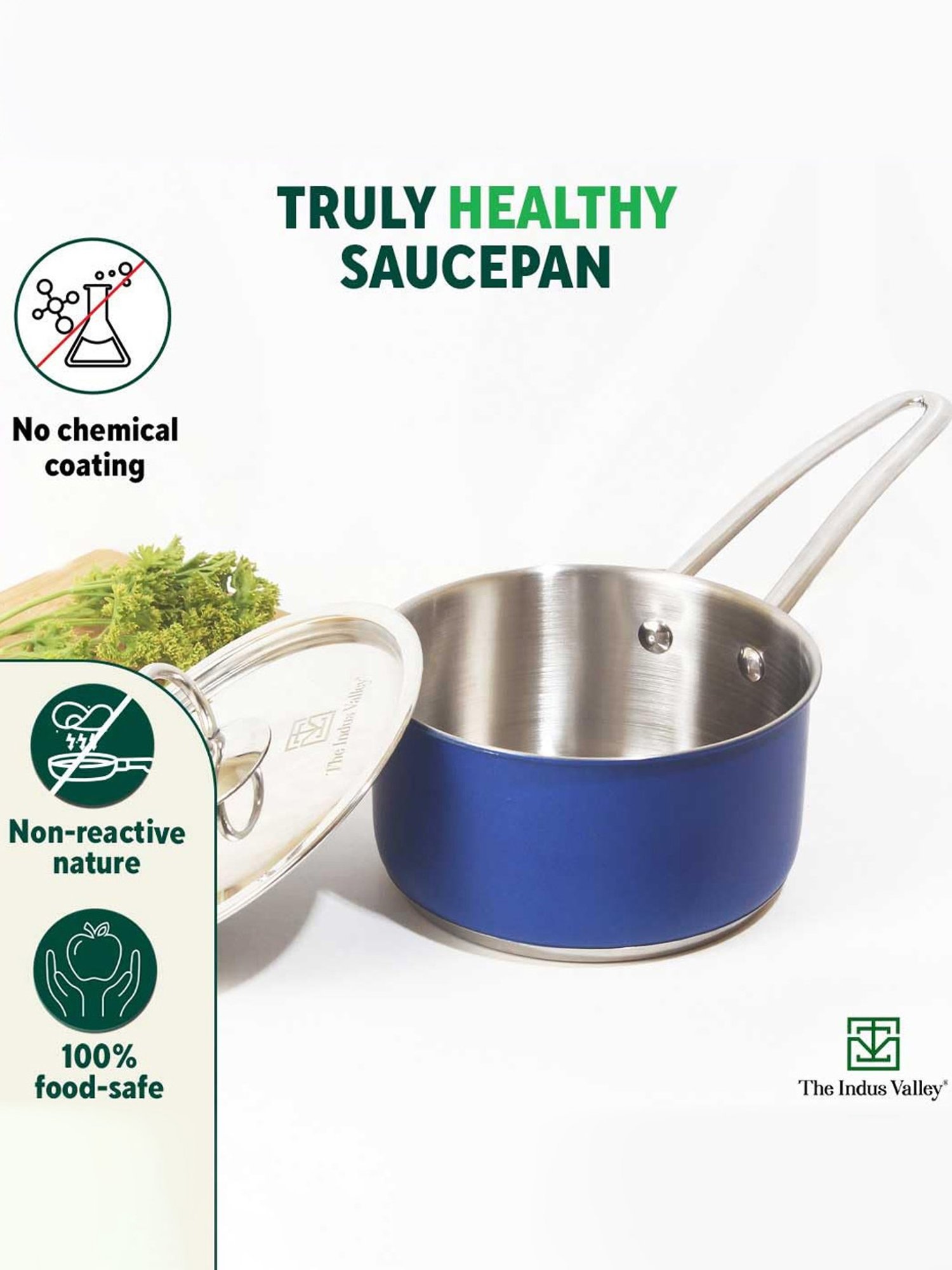 The Indus Valley Silver Stainless Steel Sauce Pan with Glass Lid (Dia:18.7cm, 1.4L)