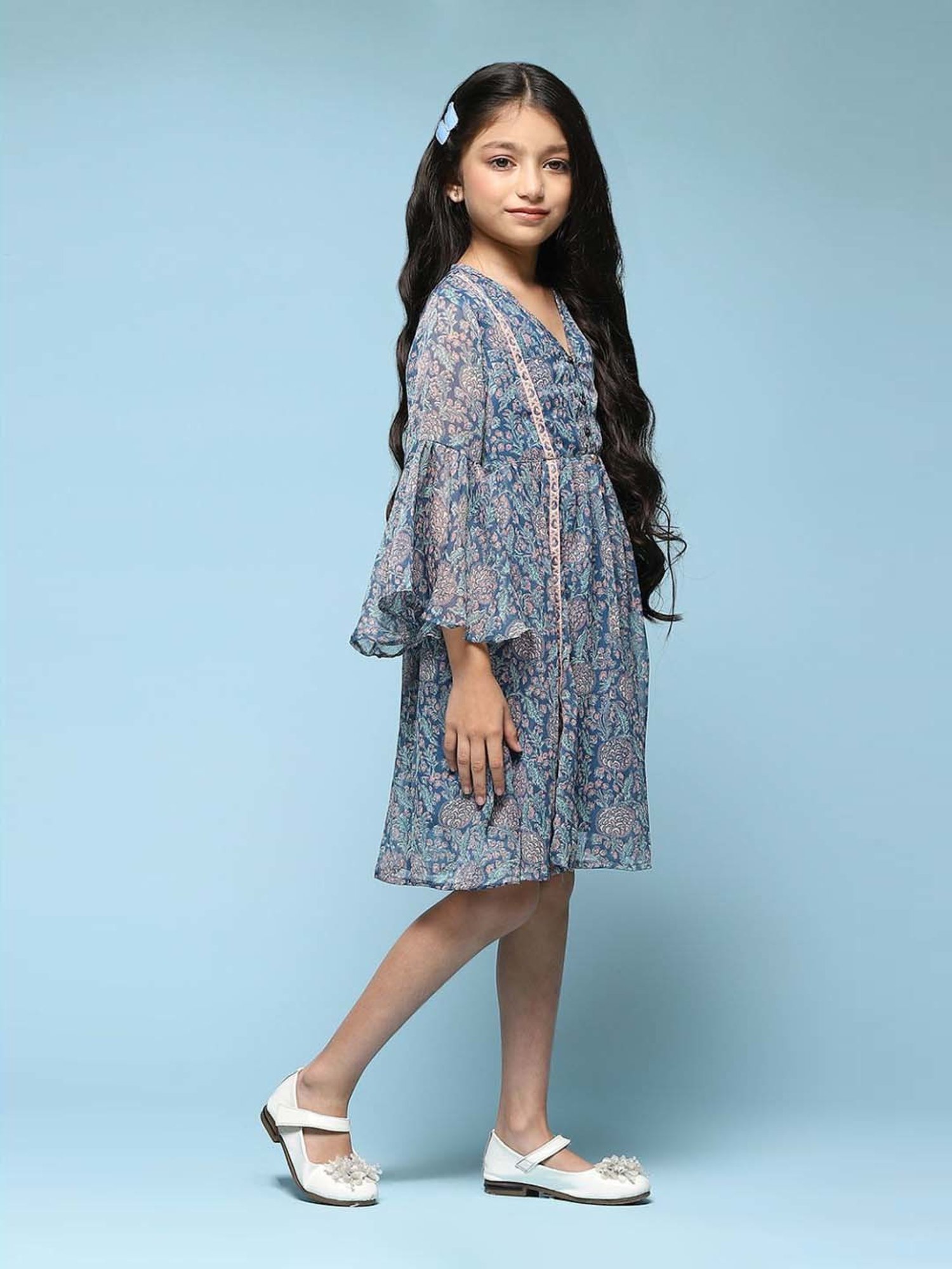 BIBA Girls Kids Blue Printed Full Sleeves Dress