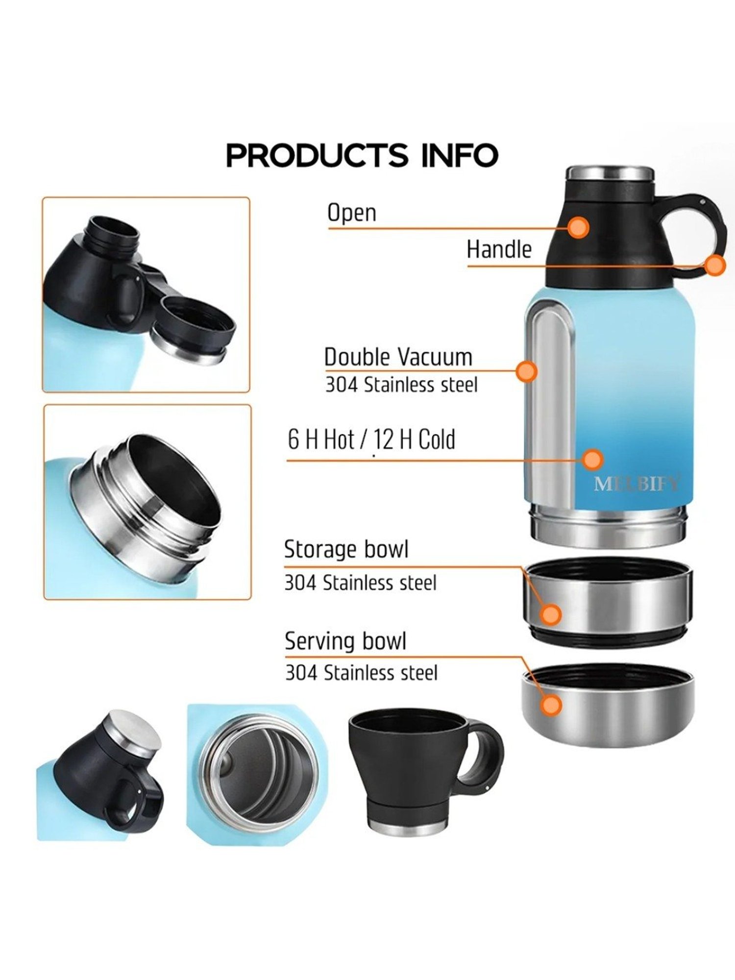 Melbify 3-in-1 Thermos Flask Blue ThermoSteel Water Bottle (1L)