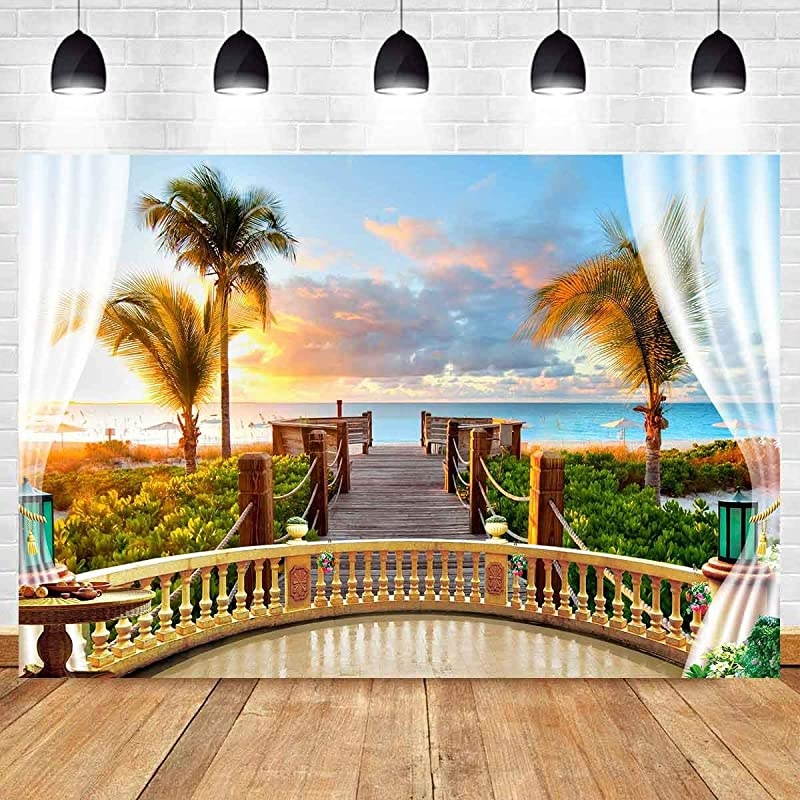 Seaside Scenery Backdrop Wooden Bridge Railing Plant Sunset Sea Background Wedding Photography Ocean Theme Party Studio Props Background 10x7ft HUIMT072