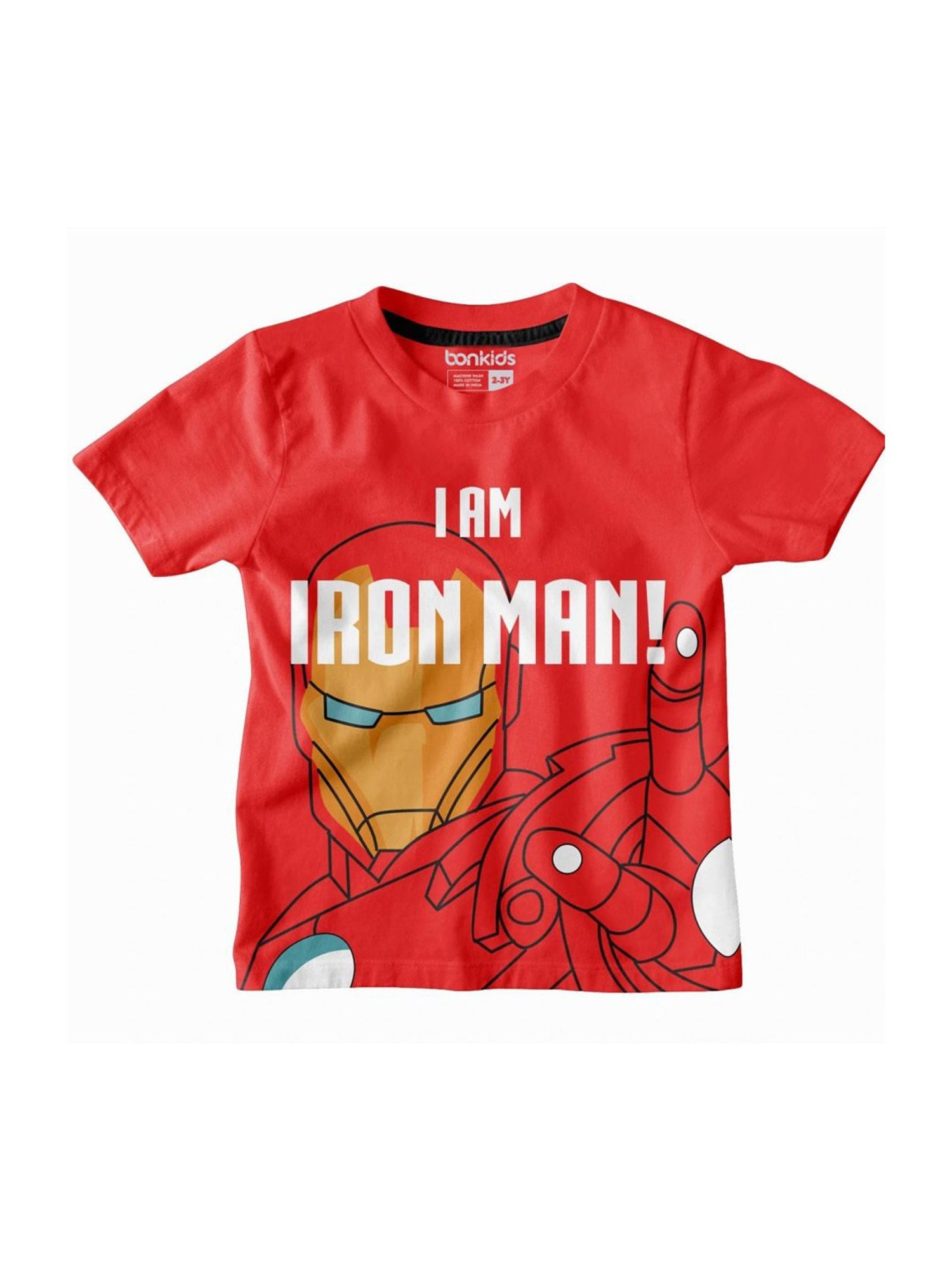 Bonkids Kids Red Cotton Printed Iron Man T-Shirt