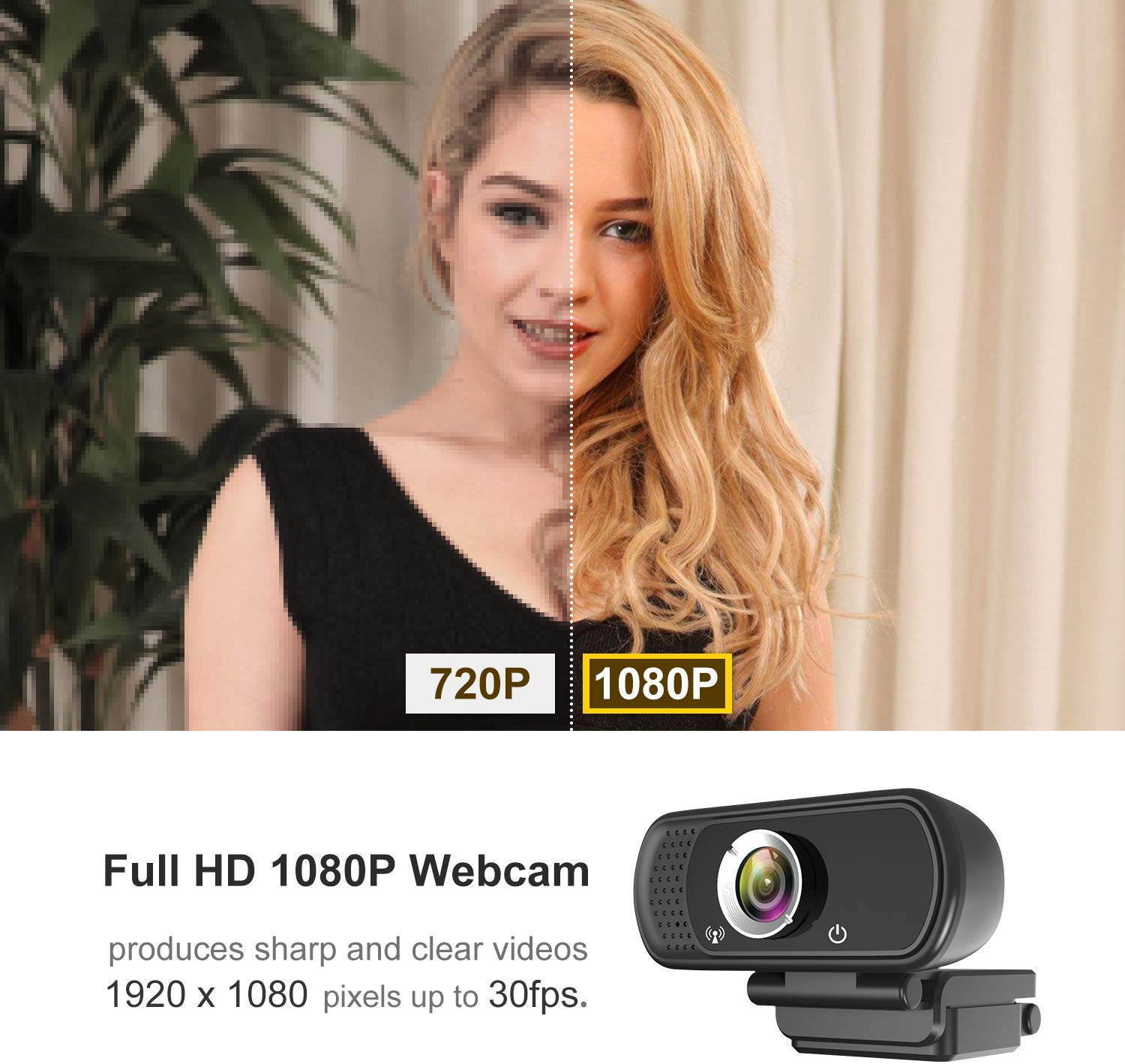 Webcam with Microphone, 1080P HD Webcam with Privacy Cover and Tripod, Streaming Computer Web Camera with 110-Degree Wide View Angle, USB PC Webcam for Video Calling Recording Conferencing