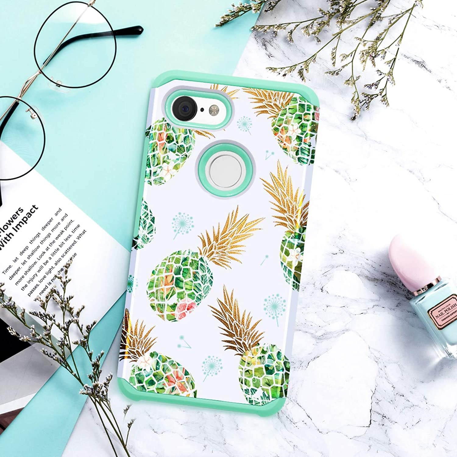 Fingic Google Pixel 3 Case, Pixel 3 Case Pineapple Floral Design Slim Case Hard PC Soft Rubber Anti-Scratch Shockproof Protective Slim Phone Case Cover for Google Pixel 3 (2018) - Mint Green