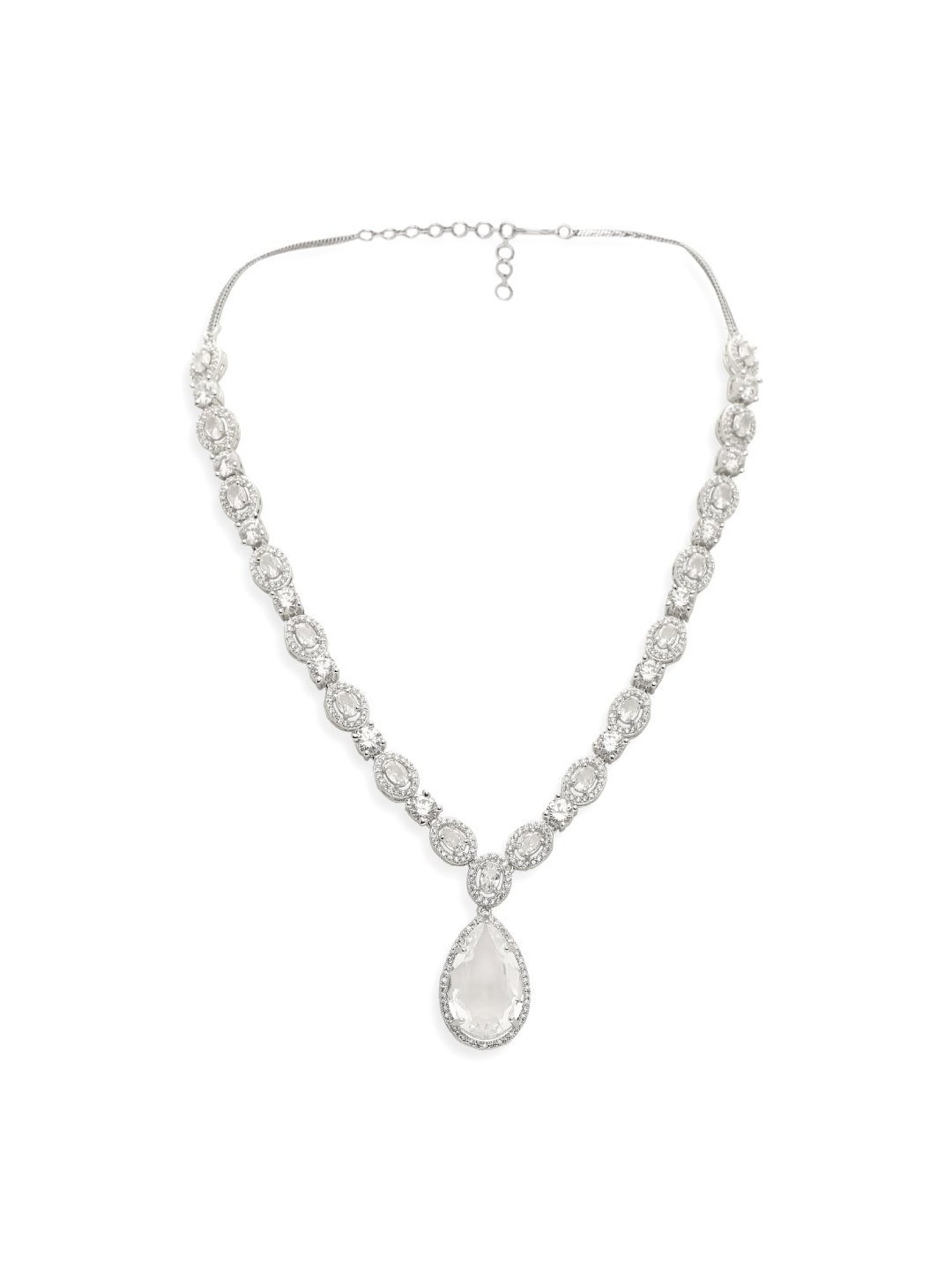 OOMPH Silver Tone American Diamond TearDrop Pendant Necklace Set with Earrings