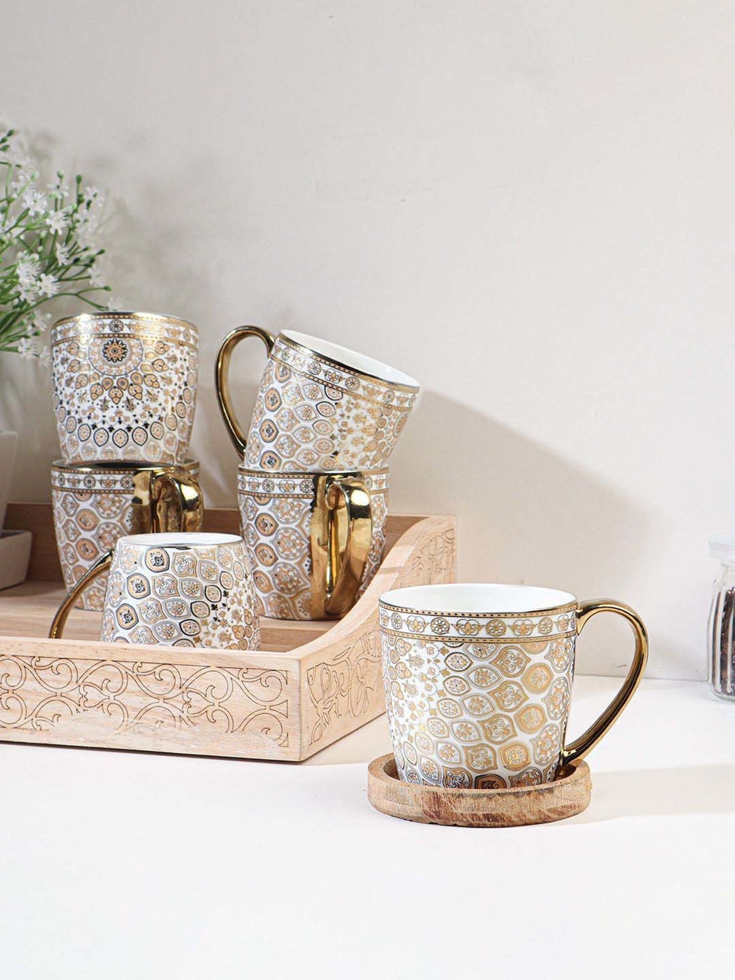 Femora Golden & White Bone China Tea Cup (0.16 L) - Set of 6