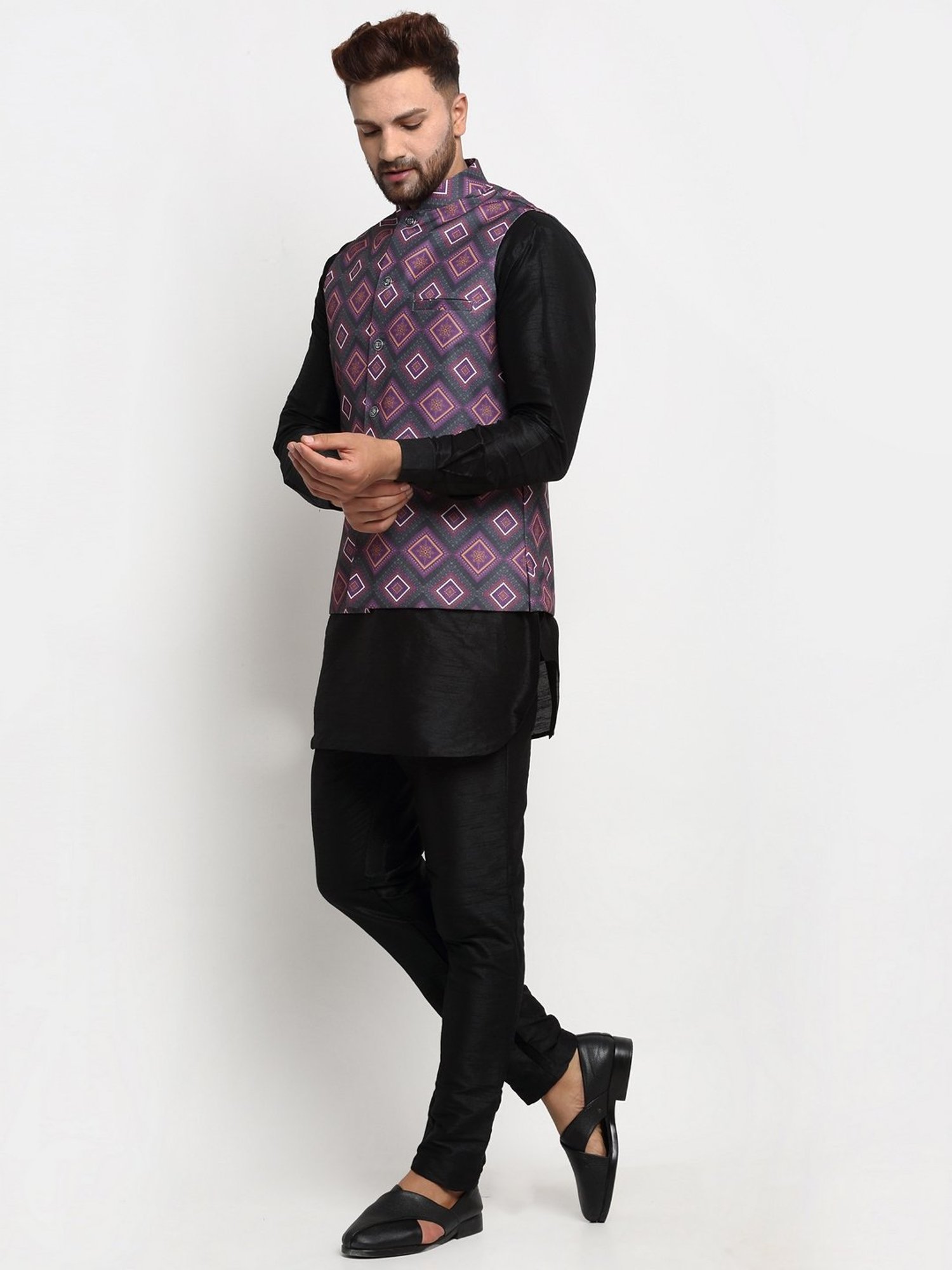 Benstoke Black & Purple Regular Fit Geometric Kurta Set With Jacket