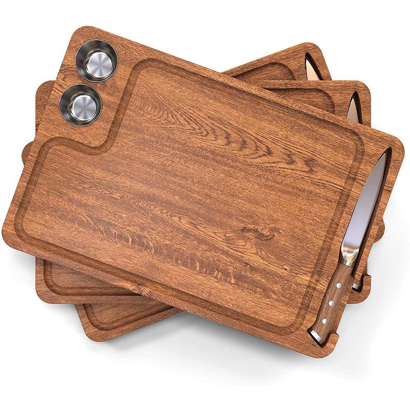 Yukon Glory Steak Board Gift Set for Serving Steak, Meat, and Poultry in Style, Premium Sapele Wood, Includes Sauce Cups and Steak Knife, Set of 3