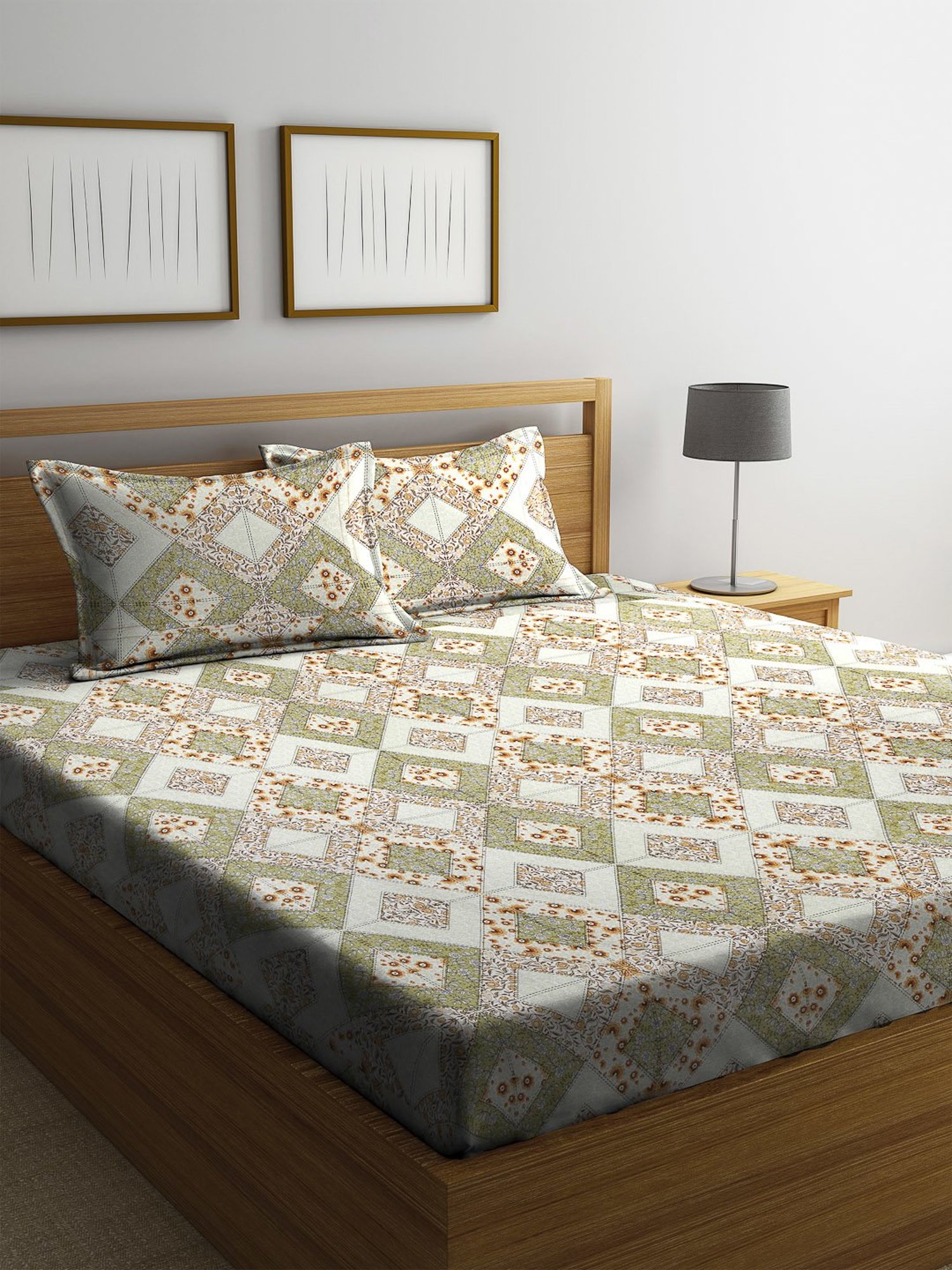 SWHF Green Geometric Cotton 144 TC Bed Sheet Set