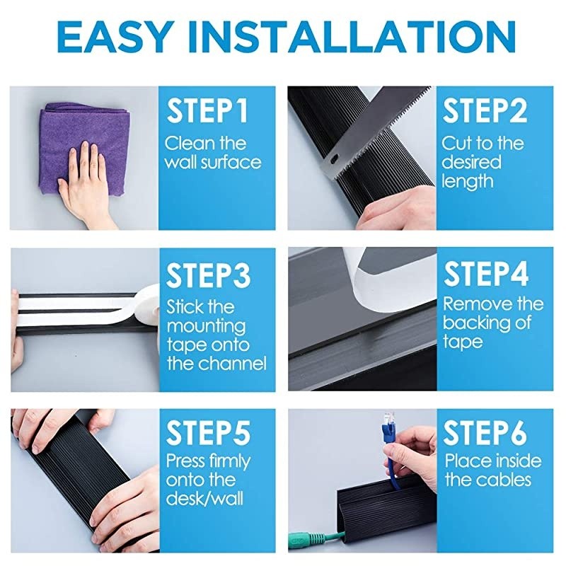 94quot J Channel Cable Raceway Desk Cord Organizer JCCR05 Computer Cable Management Under Desk with 196quot Mounting Tape 6 Count Desk Cable Tray for Office Home Kitchen 157quot Each Black