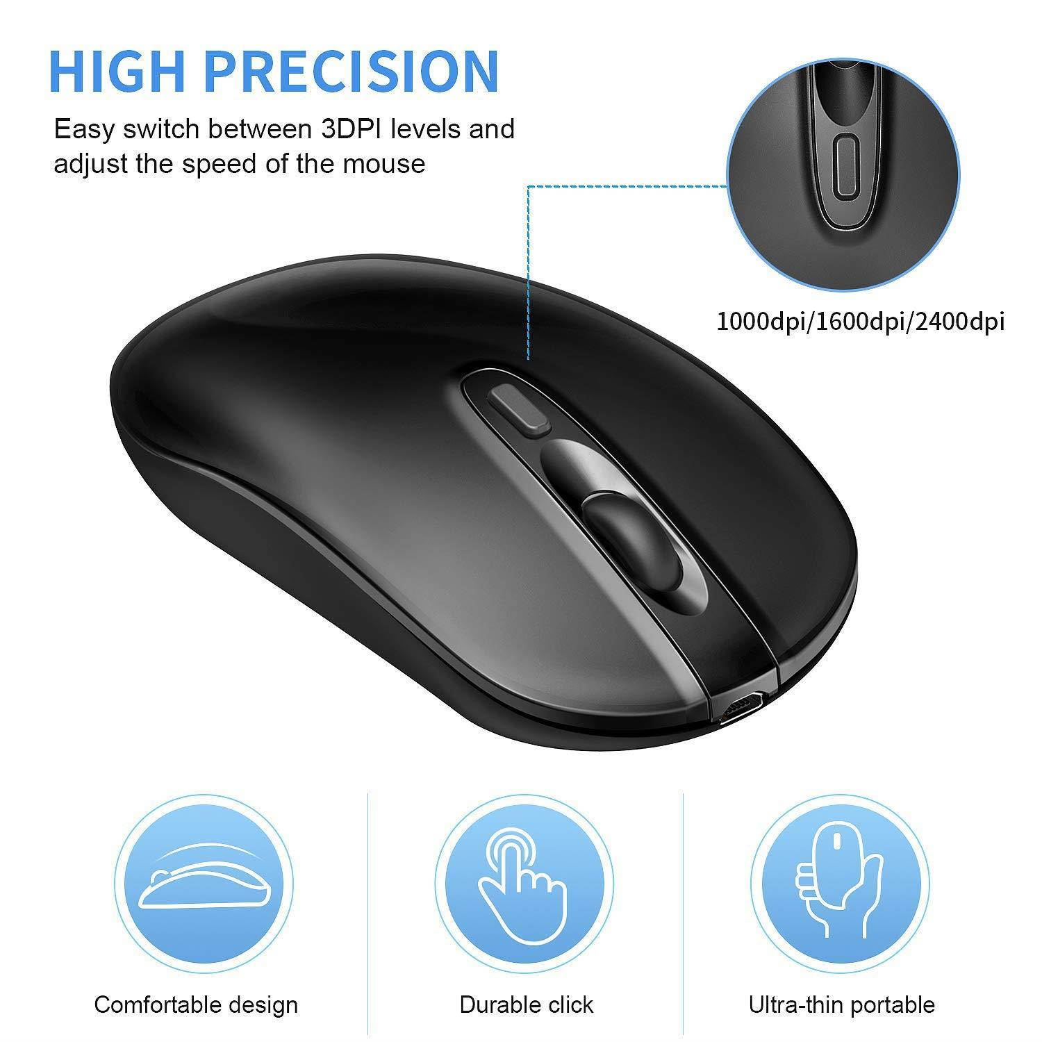 Wireless Bluetooth Mouse,Cimetech Rechargeable 4.0/2.4G Cordless Mouse Dual Mode Slim Ergonomic Mouse for Laptop, PC, Windows Mac Android OS Tablet (Dual-Mode Black)