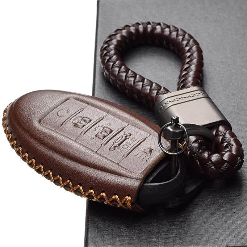 Leather Keyless Entry Remote Control Smart Key Case Cover with a Key Chain for Nissan Infiniti 5 Buttons Brown