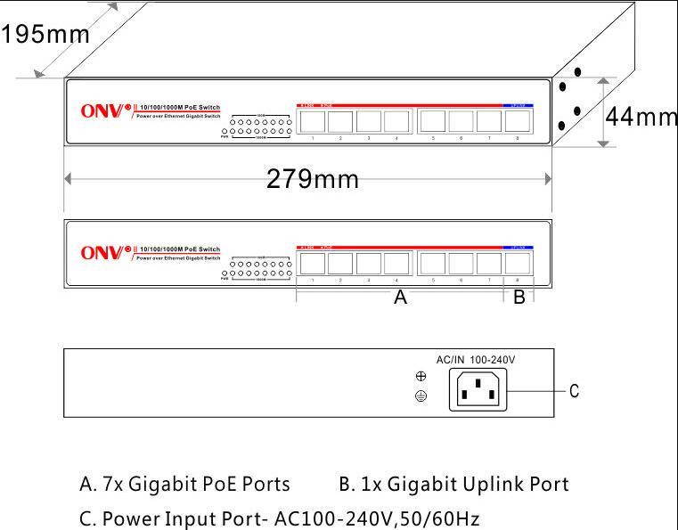 ONV-POE33007PN-at 8-Port Gigabit PoE Switch with 7x 10/100/1000M PoE Ports RJ45 Network Switch