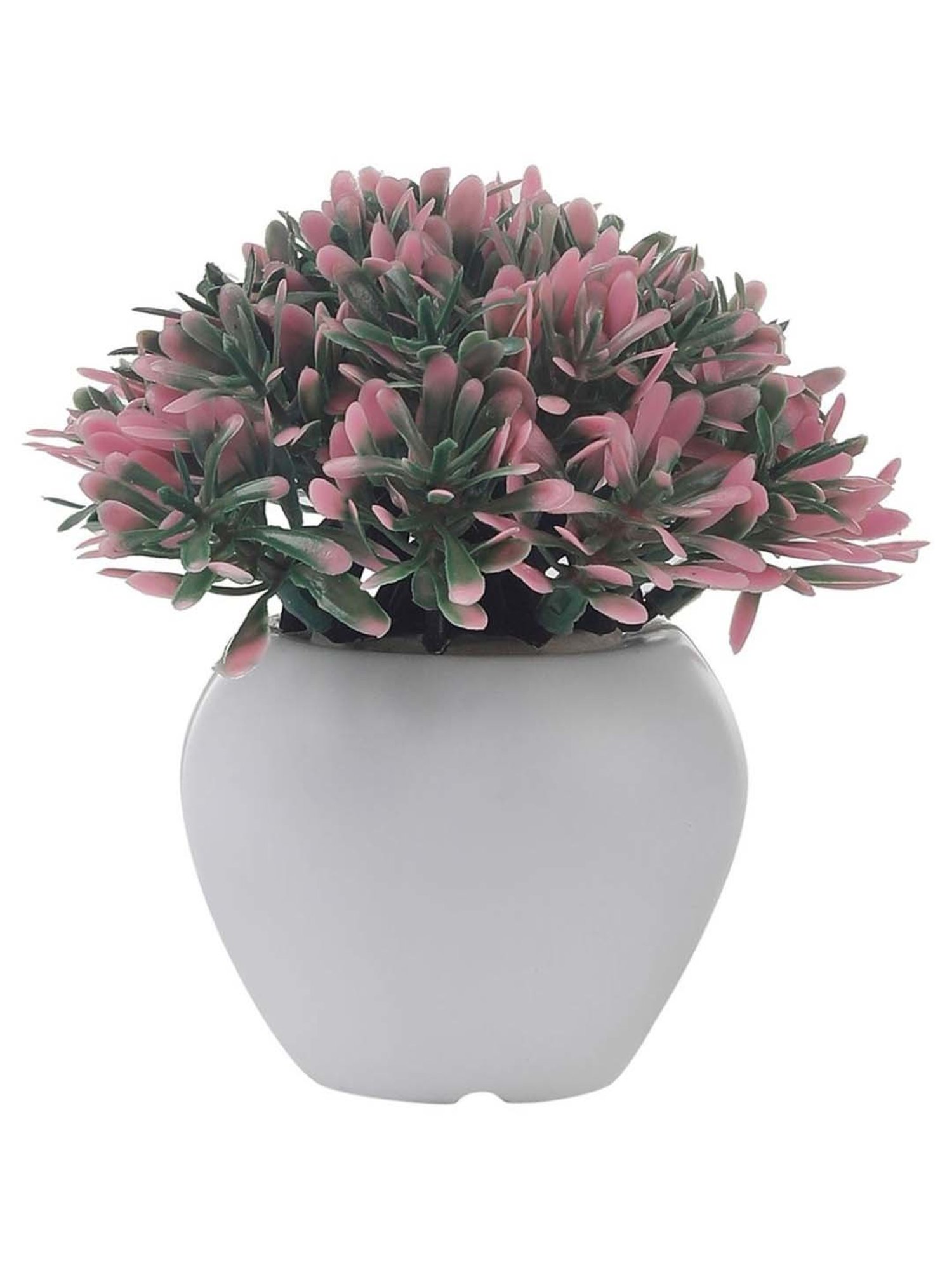 Foliyaj Green & Pink Plastic Artificial Mini Bush With Leaves - Set of 2