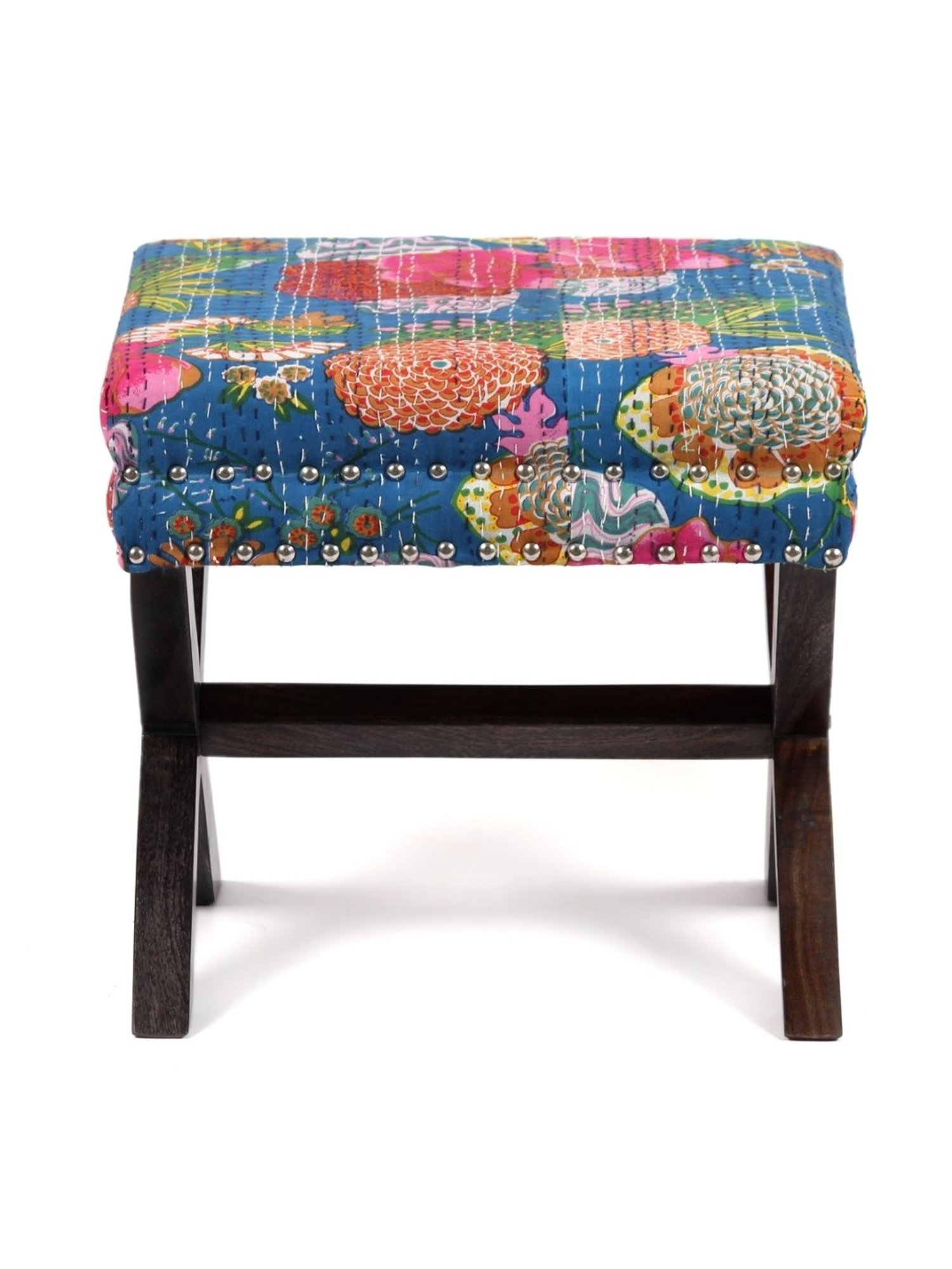 Chumbak Spring Marigold Floral Green Mango Wood Modern Trunk Storage Ottoman