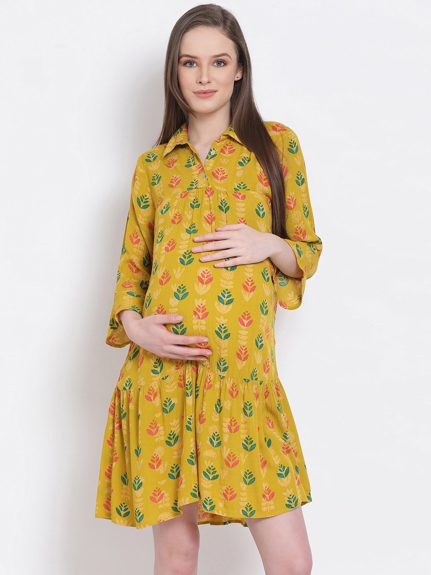 Oxolloxo Mustard Printed Maternity Dress