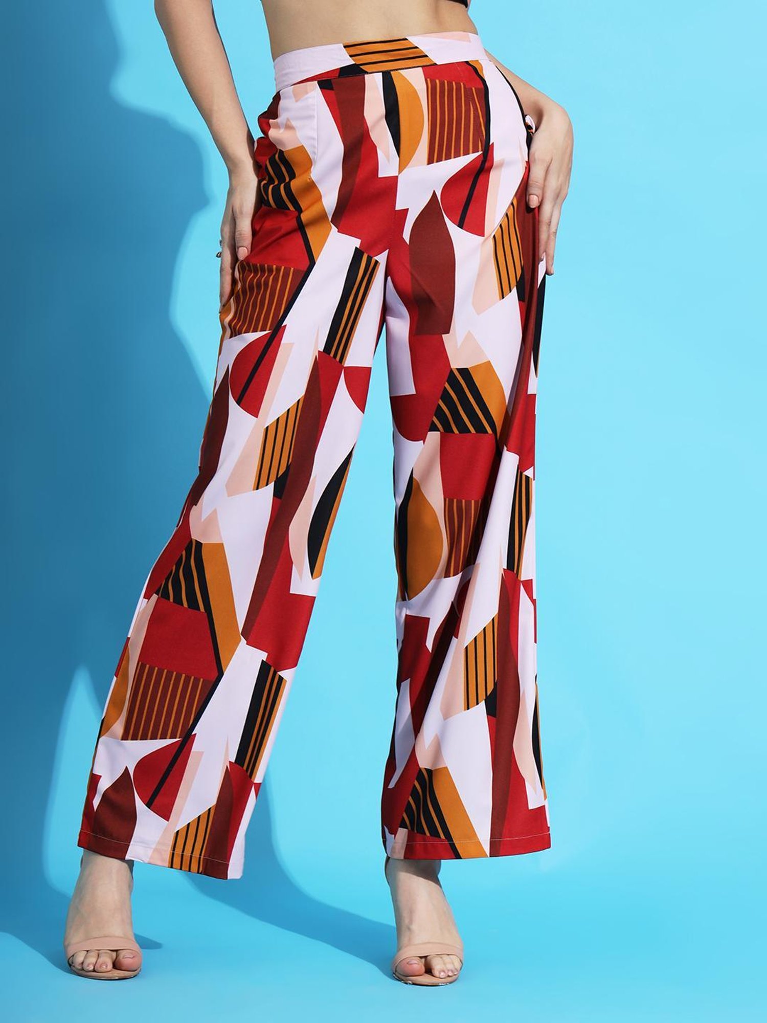 FITHUB Red & White Printed High Rise Trousers