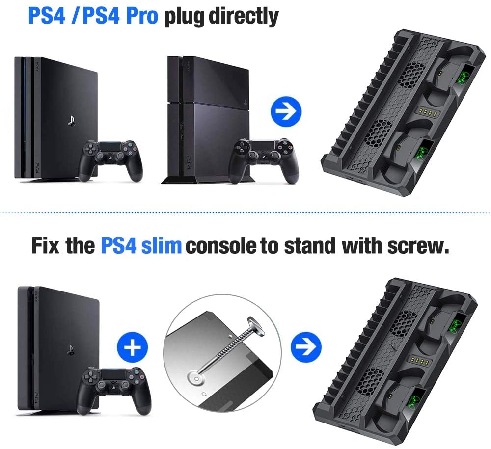 Ackmioxy PS4 Stand Cooling Fan for PS4 Slim / PS4 Pro/Playstation 4, PS4 Pro Stand Vertical Stand Cooler with Dual Controller Charge Station & 16 Game Storage
