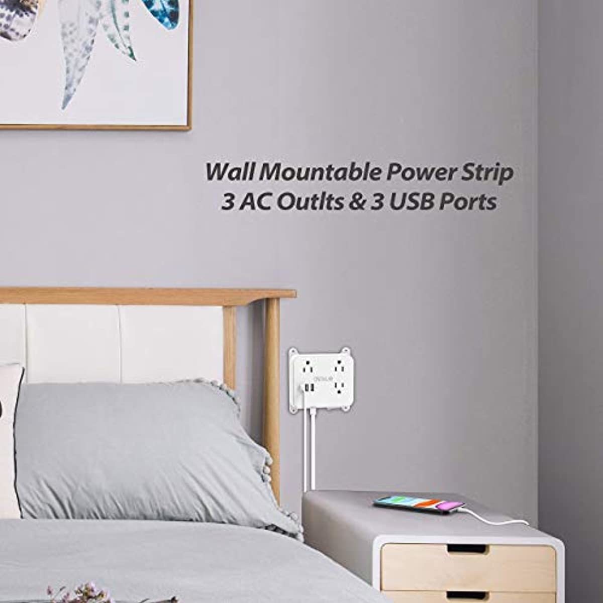TROND Power Strip with USB, 3-Outlet Nightstand Power Strip and 7-Outlet Surge Protector, 3 USB Ports, Low Profile Flat Plug, Wall Mountable, White