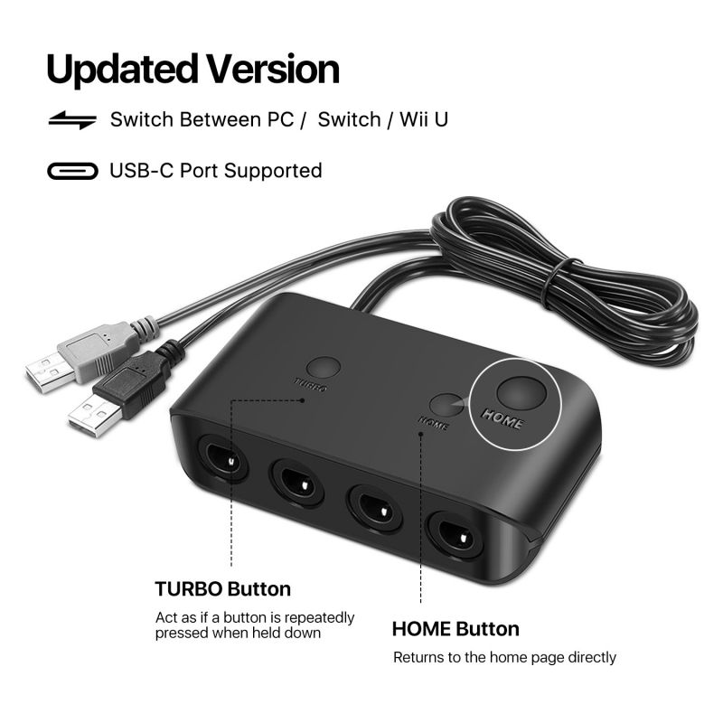 Wii U GameCube Controller Adapter 4 Ports Converter Connection Compatible with Nintendo Wii U Super Smash Bros Brawl and Dolphin PC Windows USB Black