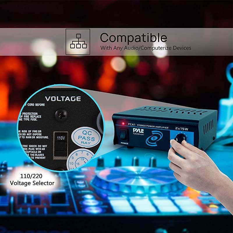PCA1.5 2x15 Watt Stereo Power Amplifier - Compact Mini 2-Channel Portable Home Audio Speaker Receiver Box for Amplified Speakers Sound System with RCA Cable L/R Input for CD Player, Tuner, MP3