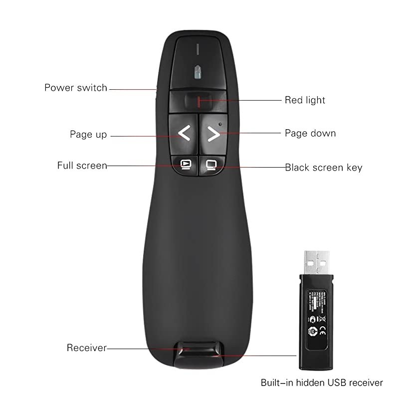 2.4GHz Wireless USB Powerpoint Presentation PPT Flip Pen Pointer Clicker Presenter with Built-in Reciver Red Light Remote Control for Teacher Lecturer Professor Scholar