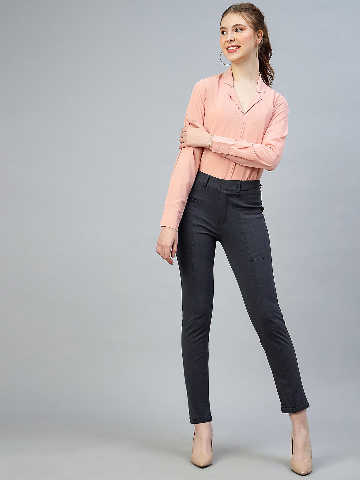 FITHUB Dark Grey Slim Fit Mid Rise Trousers