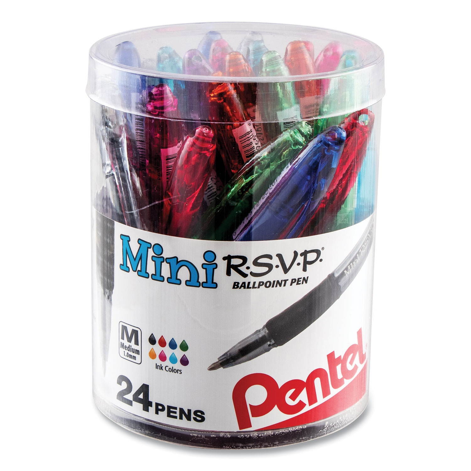 Pentel BK91MN24M R.S.V.P. Mini Ballpoint Pen, 1 Mm, Assorted Ink, 24/Pack