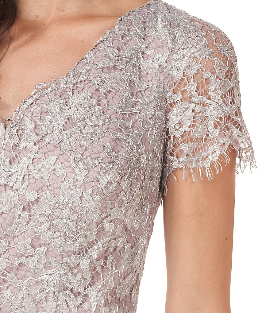 JS Collections Metallic Lace V-Neck Flutter Cap Sleeve Mermaid Gown