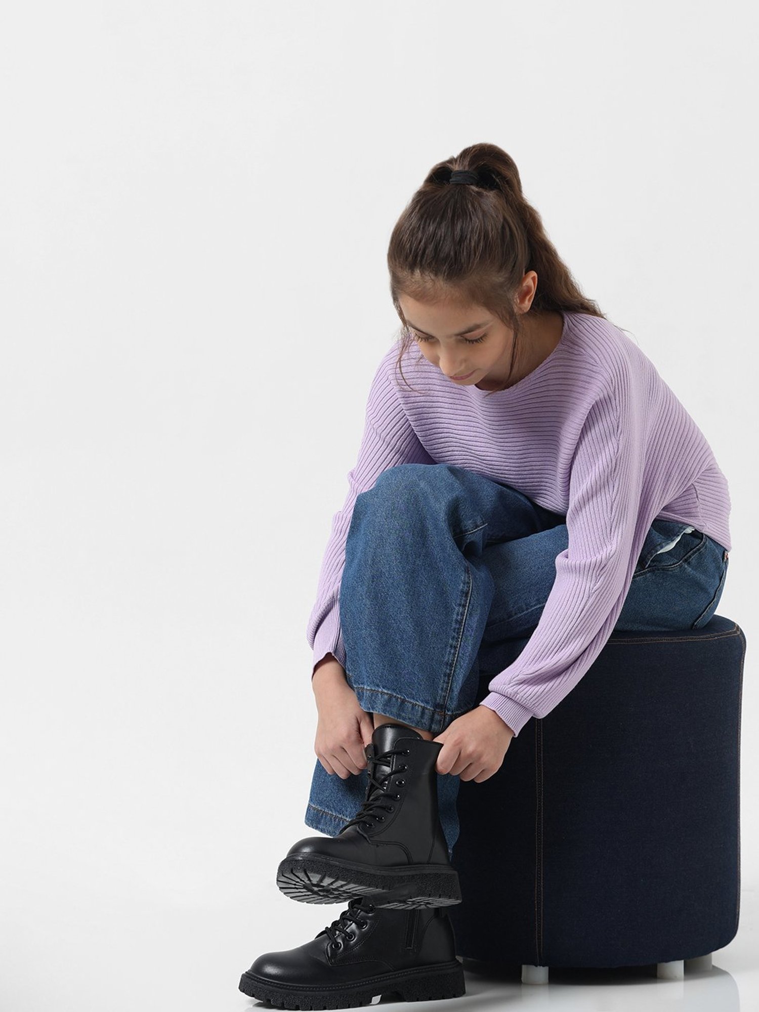 VERO MODA GIRL Lavender Self Design Full Sleeves Sweater