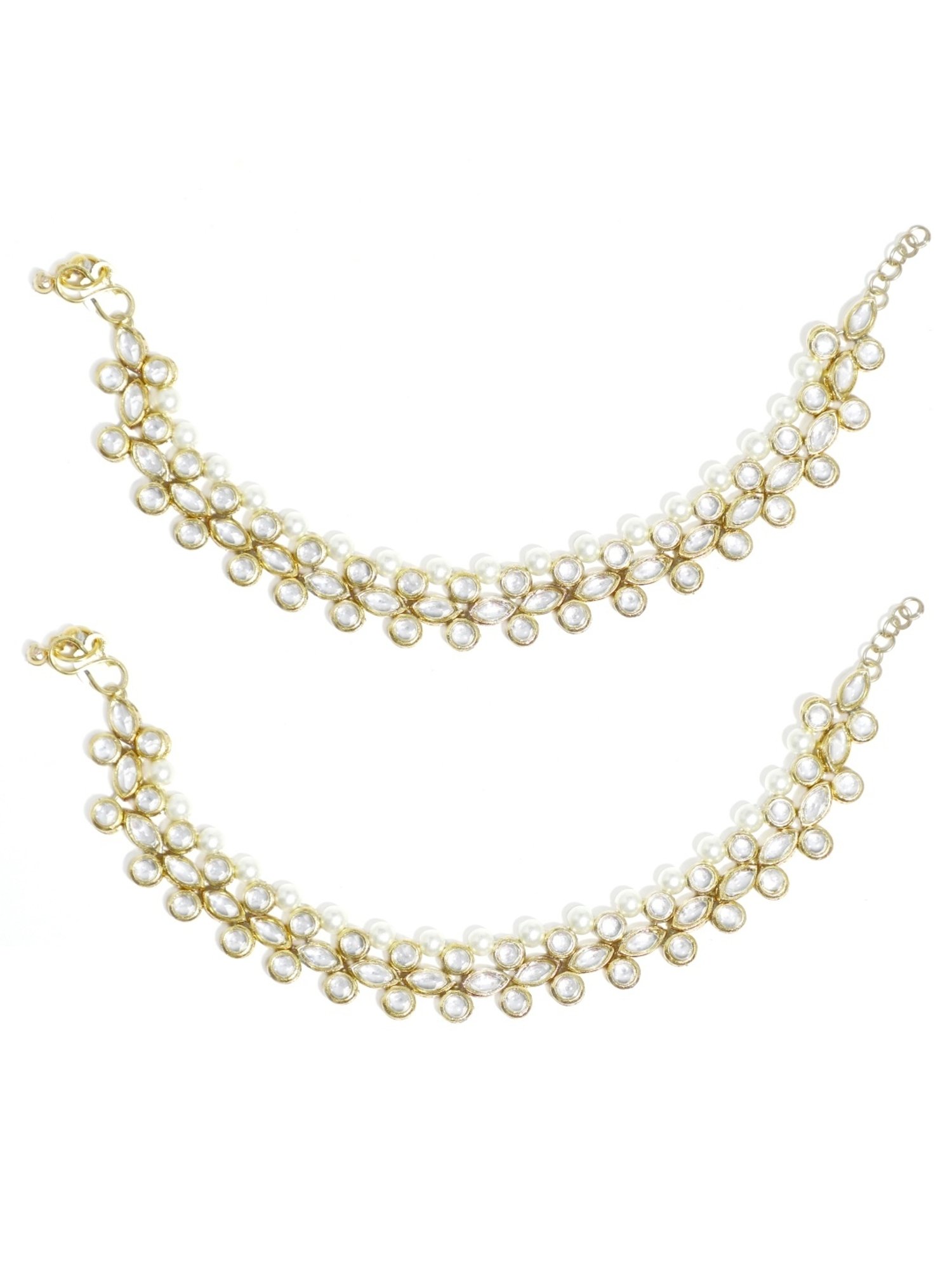 Karatcart Gold-Plated Kundan & Pearls Studded Anklets for Women