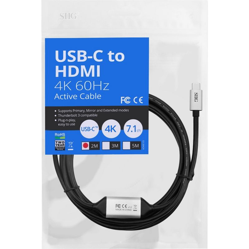 SIIG 2M USB Type C to 4K HDMI Active Cable | Thunderbolt 3 Compatible | Works with USB-C MacBook Pro, iMac, Surface Book 2, Pixelbook, Galaxy S8/S9...