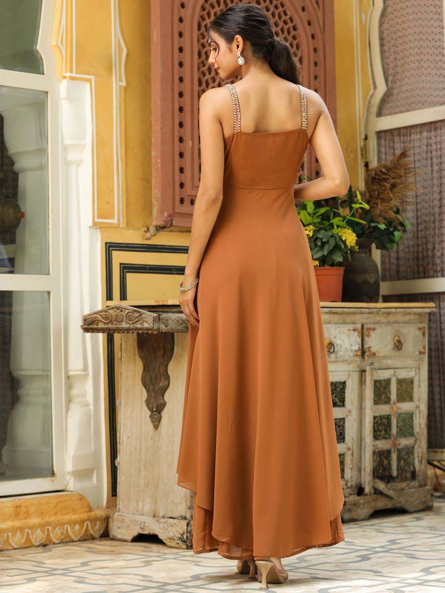 Janasya Brown Embellished Crop Top Palazzo Set