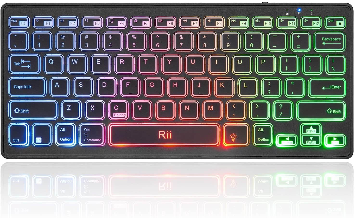 Rii Bluetooth 4.0 Wireless Multiple Color Rainbow LED Backlit Keyboard With Rechargeable Battery For iOS Android and Windows Tablet PC Laptop Notebook MacBook