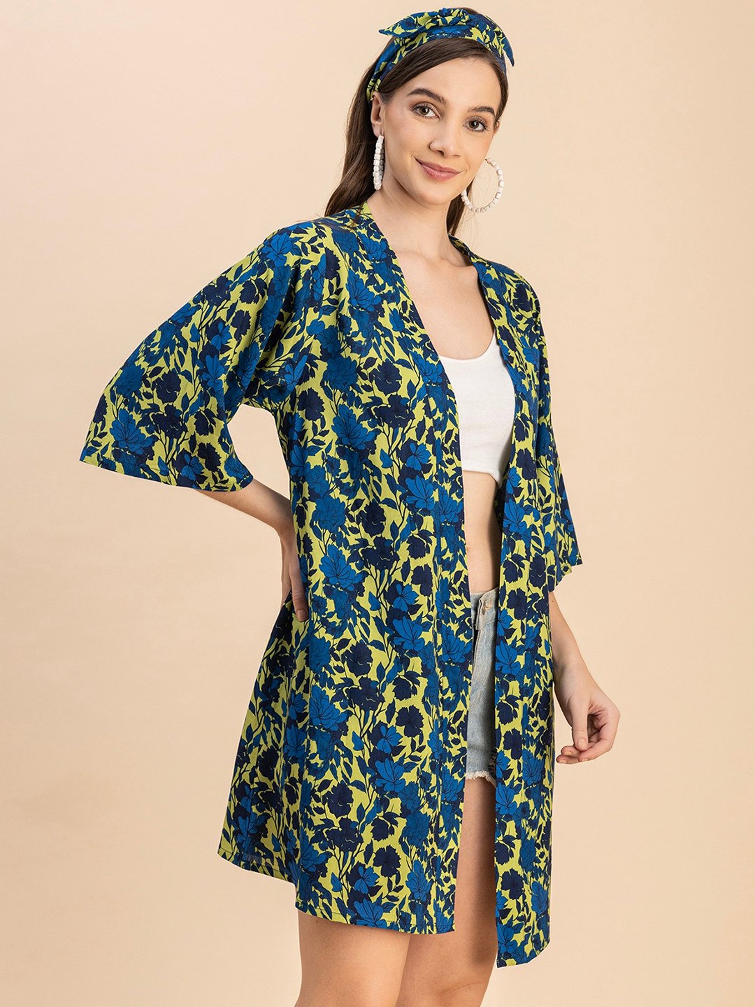 Moomaya Blue & Green Floral Print Shrug