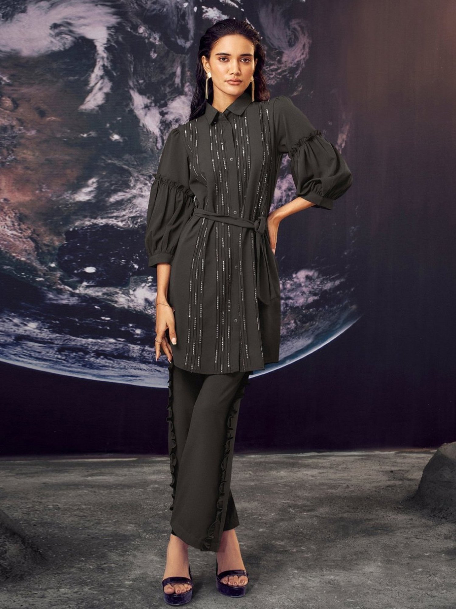 Autumnlane Pappilion Black Handwork Tunic With Pant