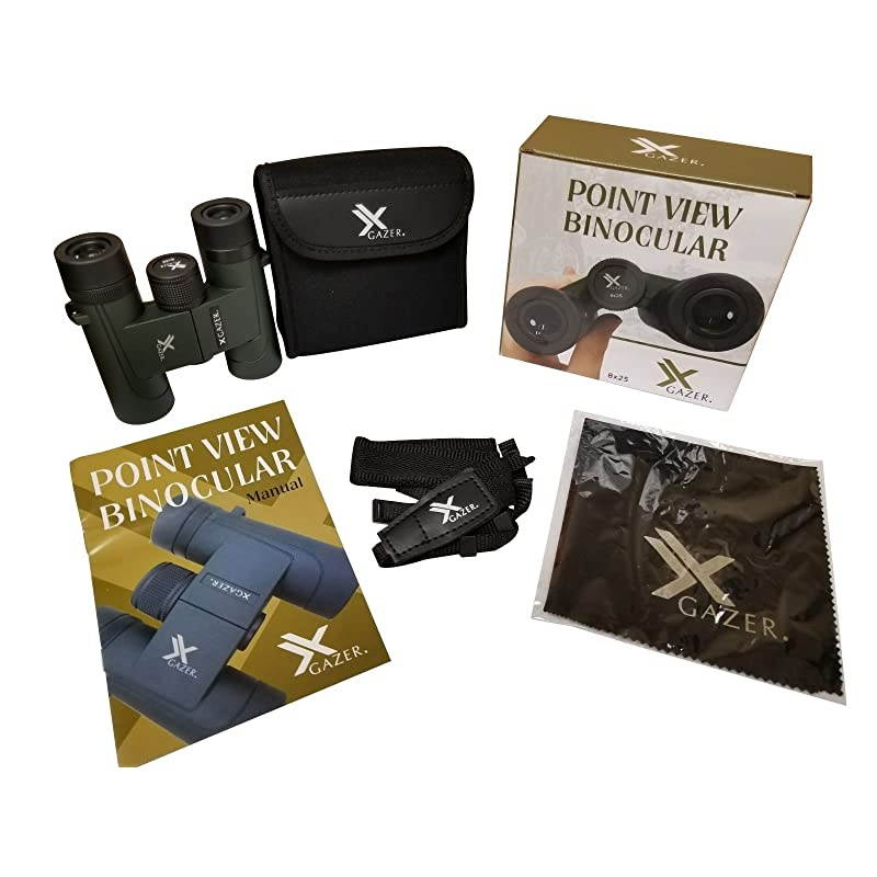 Professional 8x25 Magnifying Point View Compact Binoculars for Bird Watching Hunting Fishing Outdoor Waterproof Small Binocular with Soft Case Neck Harness Strap Cleaning Cloth