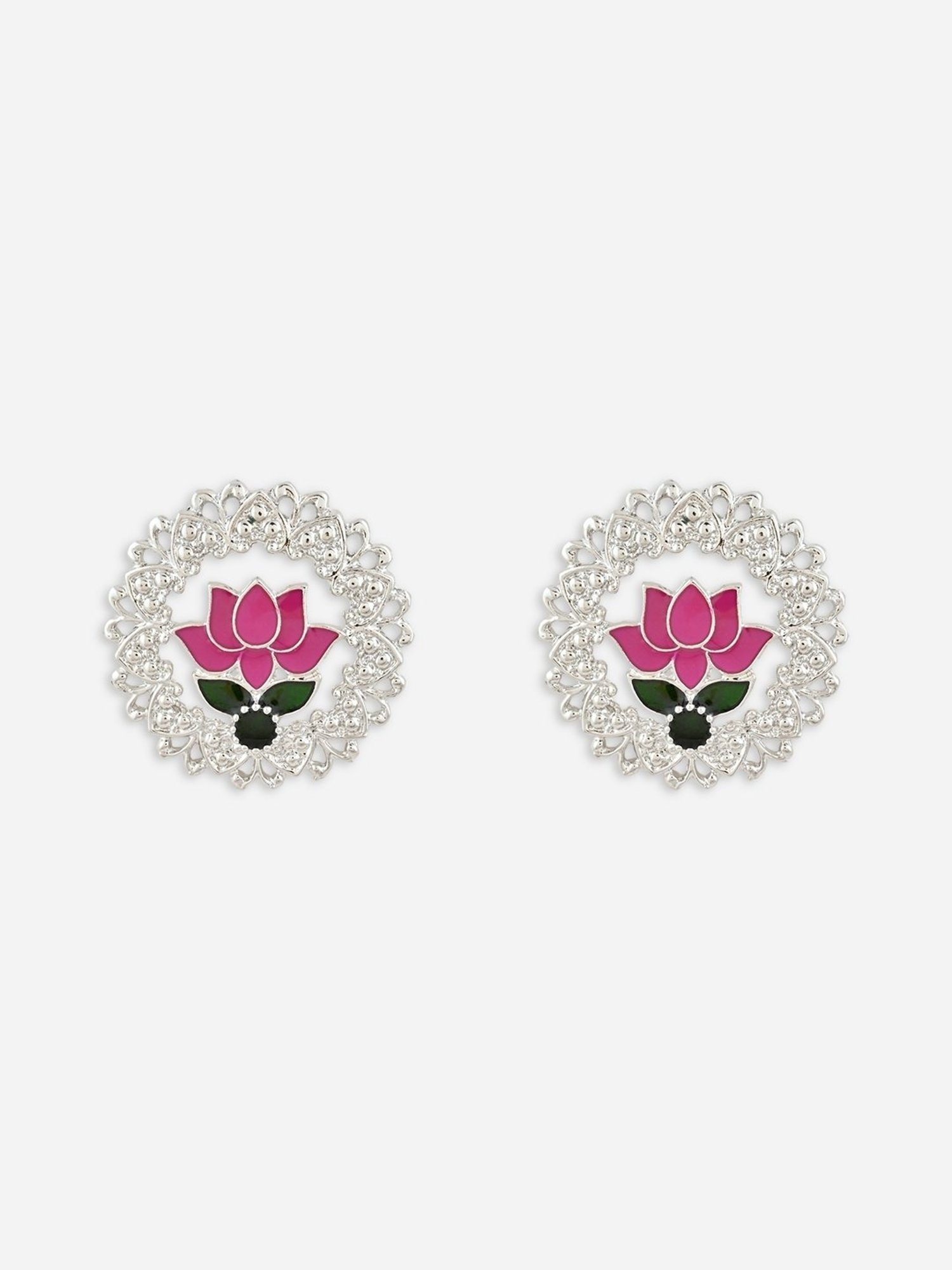 Fida Pink Green Meenakari Traditional Lotus Drop Earrings