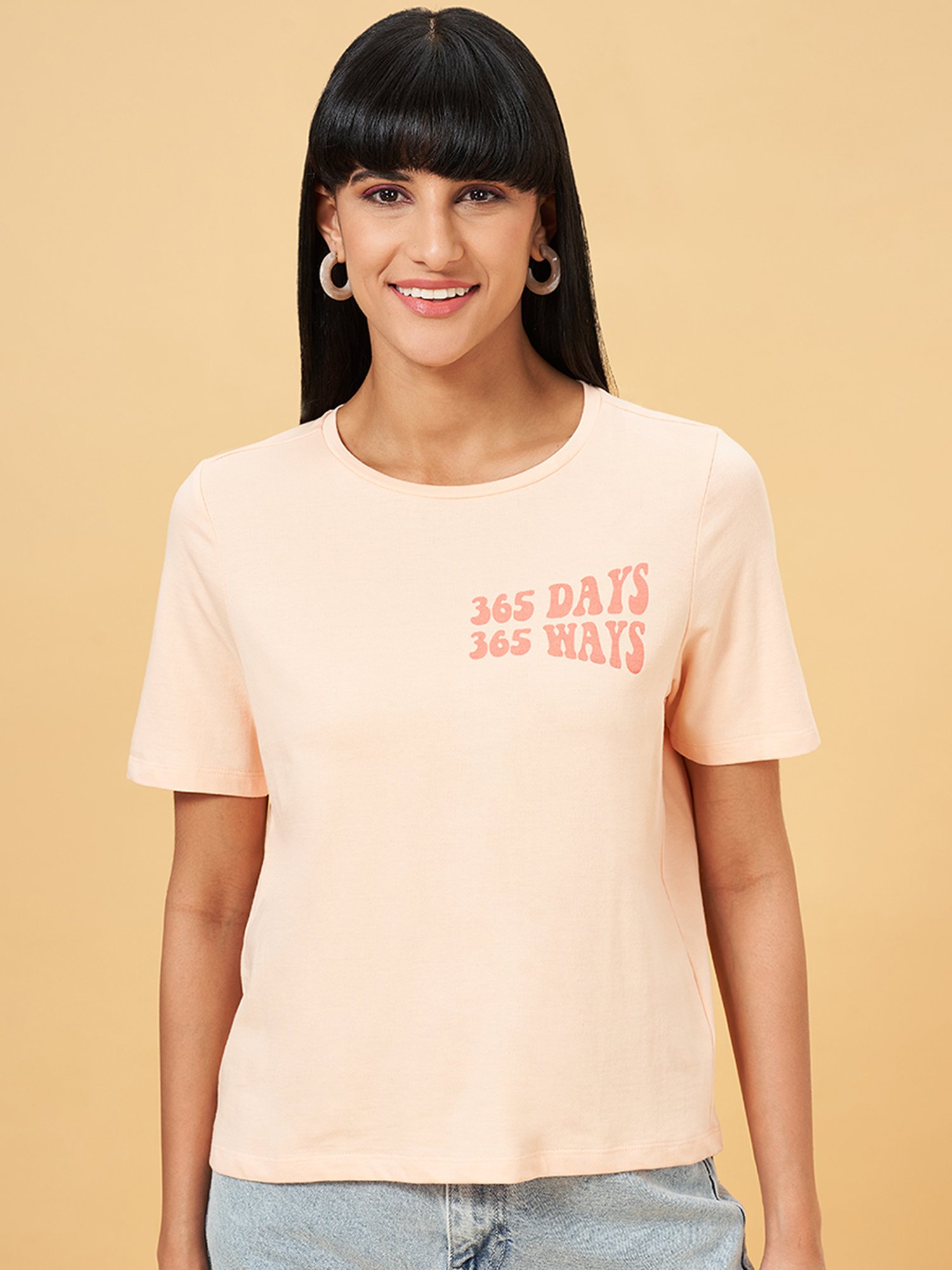 People by Pantaloons Pink Cotton Printed T-Shirt